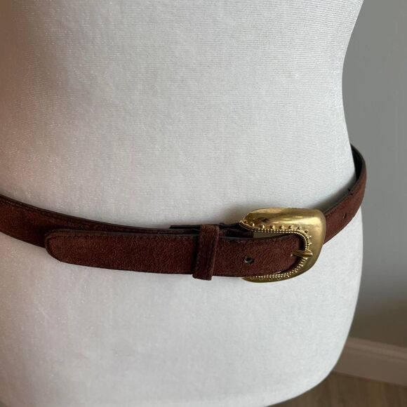 Vintage Women's Chocolate Brown Suede Leather Belt w Gold Buckle Boho Western - Picture 2 of 8